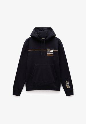 Tummansininen huppari, jossa on nyörihuppu, etutasku ja graafiset painatukset oranssina ja valkoisena rinnassa ja hihassa. Pehmeä texture.