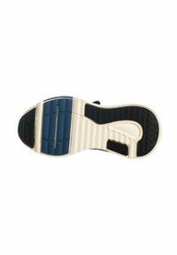 Suola della scarpa con un design multicolore; sezioni in gomma blu scuro e nere, motivo scanalato e suola intermedia di colore crema per una buona aderenza.