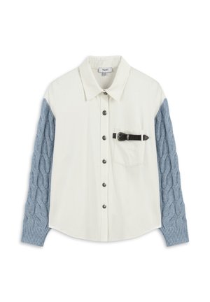 Button-up shirt with a white body, light blue cable-knit sleeves, one chest pocket, silver buttons, and a black buckle detail.
