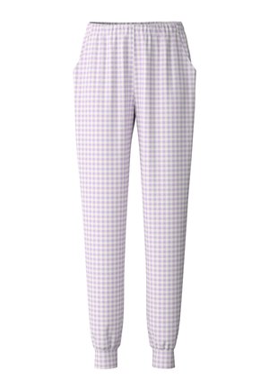 Lichte katoenen joggers in een lavendel- en witte ruitpatroon. Voorzien van een elastische tailleband en zijzakken. Tapered boorden bij de enkels.