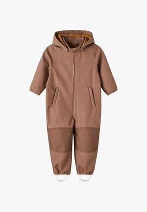 Combinaison de neige pour bébé marron à capuche avec fermeture éclair frontale, poches latérales, renforts aux genoux, poignets élastiques et sangles aux pieds.