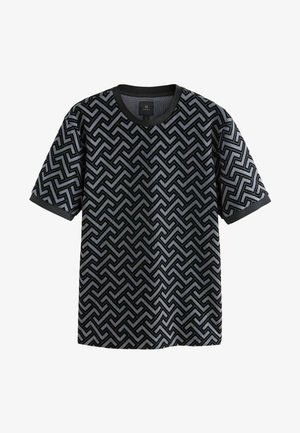Črna kratkosleva majica z geometrijskim zigzag vzorcem v sivi barvi. Ima okroglo izrez in teksturirano tkanino.