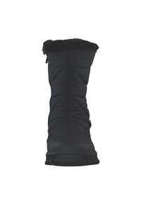 Botín negro aislante con parte superior acolchada, cuello de piel sintética y suela de goma texturizada. Incluye una cremallera lateral para facilitar su uso.