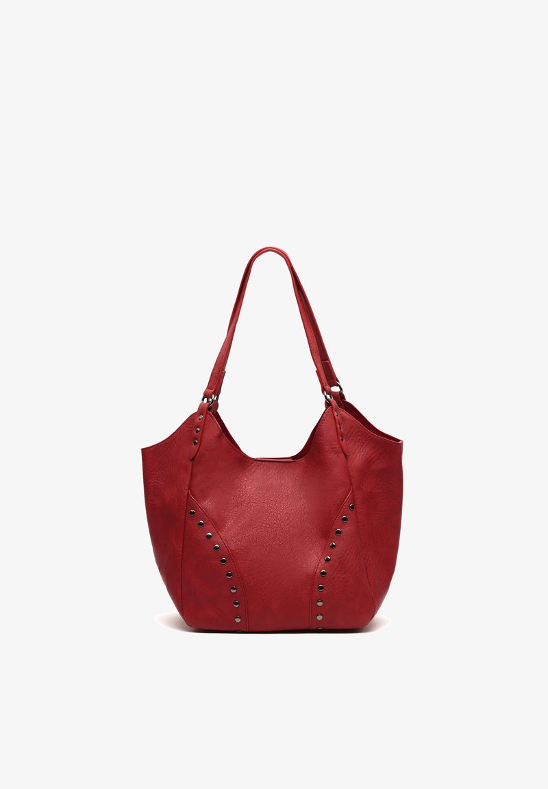 Borsa a mano in pelle rossa con doppi manici a spalla e borchie metalliche disposte in linee curve sulla parte anteriore.