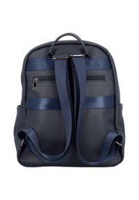 Sac à dos bleu marine avec une surface texturée, doté de deux bretelles réglables, d'une poignée supérieure et d'une poche frontale zippée.