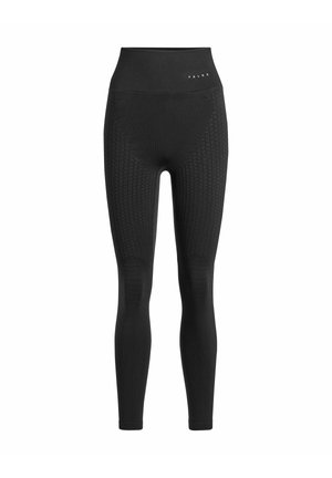 Schwarze Leggings mit hohem Bund, strukturierten Strickdetails und glattem, enganliegendem Design. Hergestellt aus dehnbarem Material für Tragekomfort.