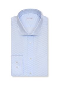 Chemise habillée bleue claire pour homme avec un motif géométrique subtil, devant boutonné et manches longues avec poignets, soigneusement pliée.