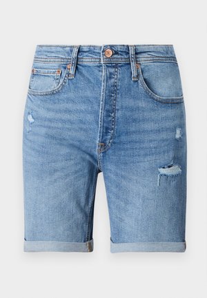 Vaaleansiniset farkkushortsit, joissa on kulutettuja yksityiskohtia, käännetyt lahkeet, viisi taskua ja nappisuljenta. Valmistettu pehmeästä, hengittävästä kankaasta.