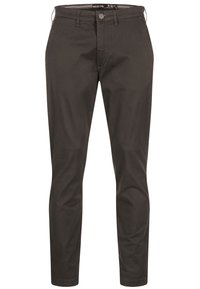 Mörkbruna chinos i bomull, med slim fit, framfickor och knappstängning. Slät textur med minimala detaljer.