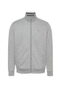 Chaqueta de color gris claro con cremallera y cuello acanalado que presenta dos rayas marinas, bolsillos laterales y un pequeño logo en rojo, blanco y azul en el pecho.