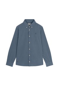 Camisa de botón de manga larga en algodón azul pizarra. Cuenta con un cuello puntiagudo, botones beige y un pequeño logo bordado en el pecho.