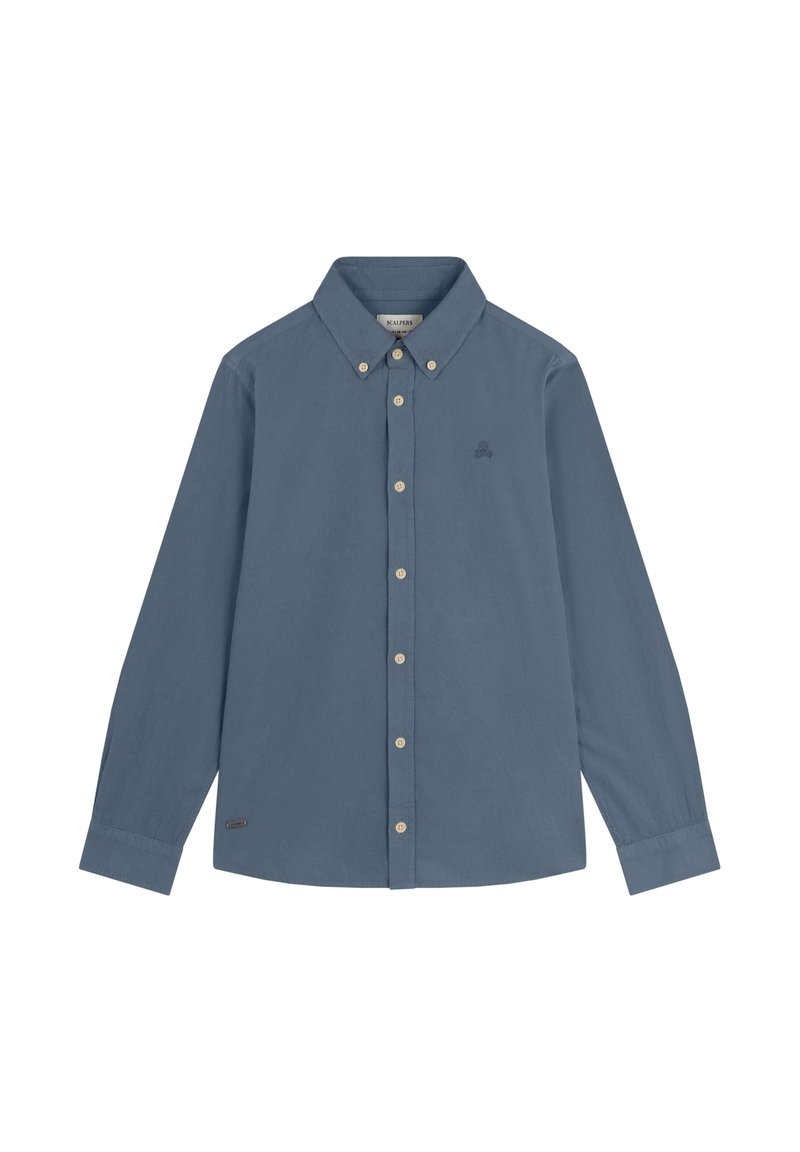 Camisa de botón de manga larga en algodón azul pizarra. Cuenta con un cuello puntiagudo, botones beige y un pequeño logo bordado en el pecho.