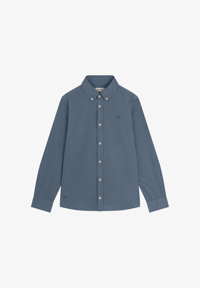 Camisa de botón de manga larga en algodón azul pizarra. Cuenta con un cuello puntiagudo, botones beige y un pequeño logo bordado en el pecho.