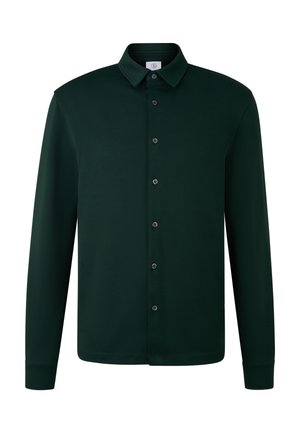 Mørkegrøn langærmet skjorte med knapper og klassisk krave samt sorte knapper, vist på en hvid baggrund.