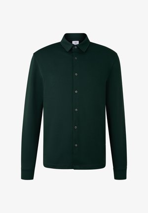 Dark green long-sleeve button-up shirt with a classic collar and black buttons, displayed on a white background.
