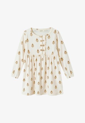 Kremasta dugorukava haljinica za bebe s smešnim cvjetnim uzorkom, drvenim dugmadi na prednjem dijelu, volanima i skupim strukom.