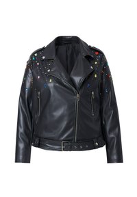 Zwarte faux leren bikerjack met kleurrijke rhinestone versieringen, zilveren ritsdetails en een ceintuurontwerp in de taille.