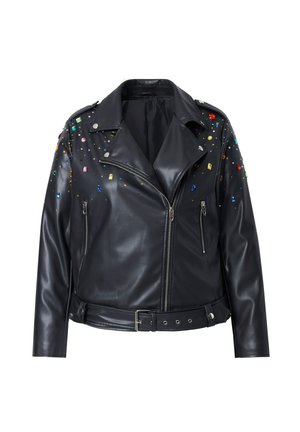 Black faux leather biker jacket featuring colorful rhinestone embellishments, silver zipper details, and a belted waist design.