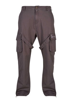 Tamsiai pilkos spalvos cargo kelnės, su daugybe šoninių kišenių, reguliuojamomis juostomis, užtrauktuku užsegamu hemu ir firminiu logotipu ant kišenės.
