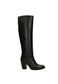 Czernne skórzane botki do kolan na grubym obcasie, o gładkiej fakturze, zaokrąglonym nosku i minimalistycznym designie. Brak widocznego okucia lub akcentów.