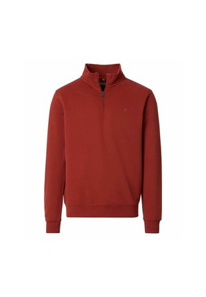 Long-sleeve burnt orange pullover with quarter zip and stand collar, ribbed cuffs and hem, plain front with small logo on chest.
