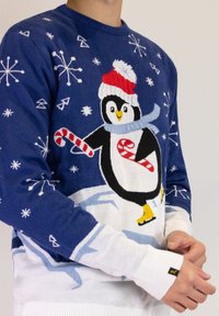 Blauer Pullover mit weißen Schneeflocken, der einen Pinguin zeigt, der einen roten Hut und einen blauen Schal trägt und einen Zuckerstab hält. Weiße gerippte Bündchen.