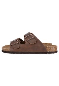 Sandales en cuir marron avec deux sangles ajustables, semelle en liège et semelle en caoutchouc texturé pour une meilleure adhérence. Forme concave pour plus de confort.