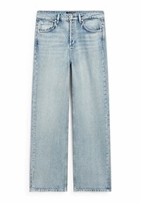 Vaaleansiniset farkut, joissa on leveät lahkeet ja suora malli. Toinen etutasku ja napitus. Sileä pinta, minimaalinen kuluminen.