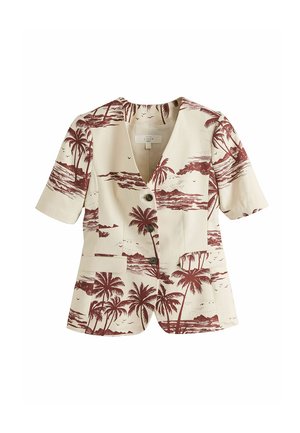 Kremowa marynarka z krótkim rękawem z nadrukiem brązowych tropikalnych palm i krajobrazu oceanicznego, trzy guziki oraz detal przedniej kieszeni.