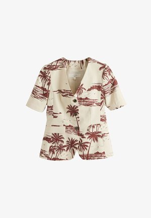 Sacou crem cu mâneci scurte, imprimat cu peisaj tropical cu palmieri maro și ocean, cu trei nasturi și detaliu cu buzunar frontal.
