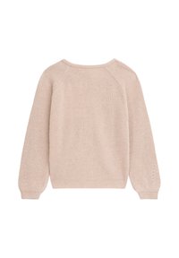 Heller beiger gestrickter Pullover mit Rippstruktur, Raglanärmeln und rundem Halsausschnitt. Auf der Rückseite sind keine sichtbaren Logos oder Muster.