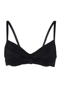 Top bikini nero con sottili spalline, dettaglio frontale attorcigliato e tessuto testurizzato che presenta un delicato motivo di piccoli accenti dorati.