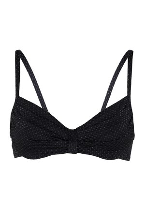 Top bikini nero con sottili spalline, dettaglio frontale attorcigliato e tessuto testurizzato che presenta un delicato motivo di piccoli accenti dorati.
