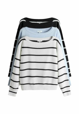 Drei langärmelige Pullover gestapelt, gestreiftes Muster; vorne weiß mit schwarzen Streifen, mittig hellblau, hinten schwarz mit weißen Streifen.