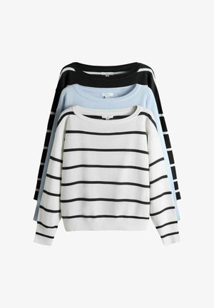 Drei langärmelige Pullover gestapelt, gestreiftes Muster; vorne weiß mit schwarzen Streifen, mittig hellblau, hinten schwarz mit weißen Streifen.