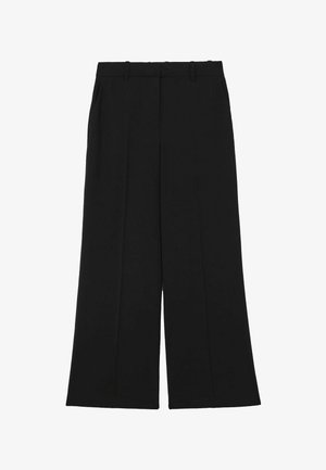 Črne hlače širokih nog z gladkim materialom. Imajo visok pas, dvojne sprednje gube in zanke za pas. Brez vidnih žepov ali okraskov.