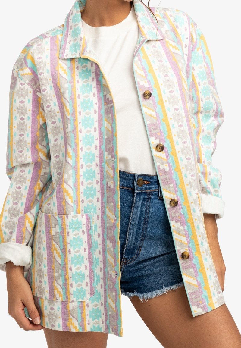 Lightweight patterned jacket featuring multicolored stripes in pastel shades of blue, pink, yellow, and grey. Includes buttons and a pocket.