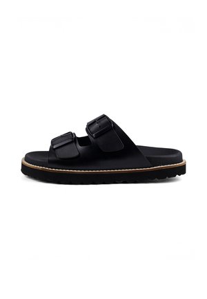 Black slide sandal with two adjustable straps and buckles, cushioned sole, and textured outsole for grip, shown from side view.