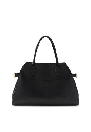 Sac à main structuré en cuir noir avec deux poignées et détails de boucles dorées sur les côtés, arborant un logo de marque discret sur le devant.