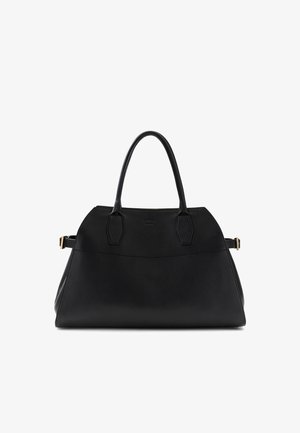 Sac à main structuré en cuir noir avec deux poignées et détails de boucles dorées sur les côtés, arborant un logo de marque discret sur le devant.