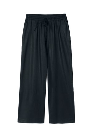 Sorte vidde bukser med elastisk talje og snøre, lavet af letvægtsstof, designet til afslappet brug.