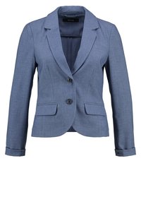 Niebieska marynarka z fakturowanej tkaniny, z wykładanym kołnierzem, dwiema przednimi kieszeniami i zapięciem na dwa guziki z przewiniętymi mankietami.