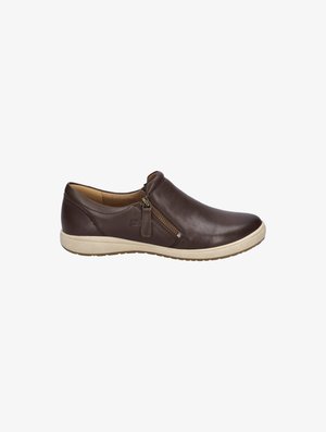 Brown leather slip-on shoe with a side zip, cream sole, rounded toe, and smooth texture. No visible patterns or accents.