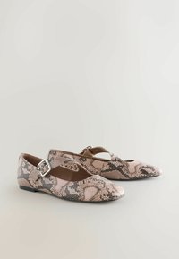 Flat shoes in a snake-print design, featuring pink and brown hues, a cut-out design, and a silver buckle accent on the strap.