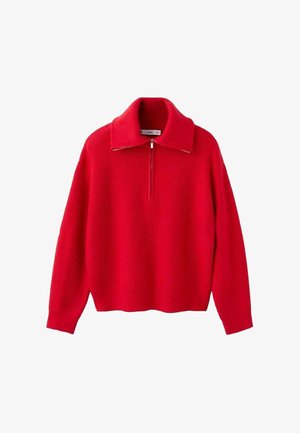 Rdeč rebrast pleten pulover z dolgimi rokavi in ovratnikom s četrtinskim zadrgo, položen na ravno belo ozadje.