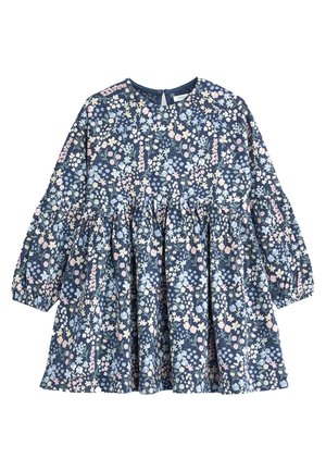 Florales Kleid aus marineblauem Stoff mit langen Puffärmeln, rundem Ausschnitt und gerafftem Rock. Das Design zeigt rosa, gelbe und blaue Blumen.