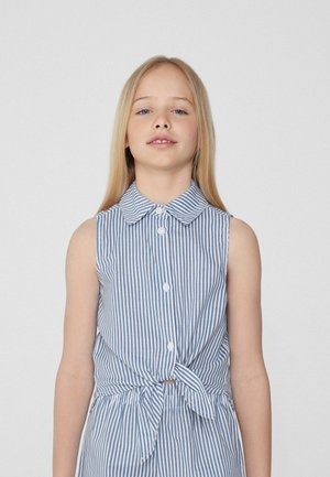 Ärmelloses blau-weiß gestreiftes Hemdkleid mit durchgehender Knopfleiste und gebundenem Taillendetail, aus leichtem Stoff gefertigt.