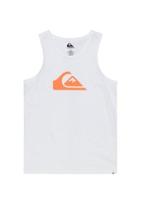 Witte katoenen tanktop met brede armsgaten, voorzien van een groot oranje Quiksilver-logo aan de voorkant. Gladde textuur, casual ontwerp, standaard pasvorm.