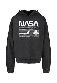 Haut à capuche noir avec le logo de la NASA et du texte en blanc, illustré d'une navette spatiale et des dates du programme, fabriqué en tissu doux.