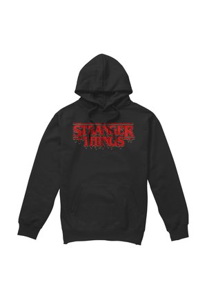 Black hooded sweatshirt with front pocket and red "Stranger Things" text logo dripping like paint on the chest.